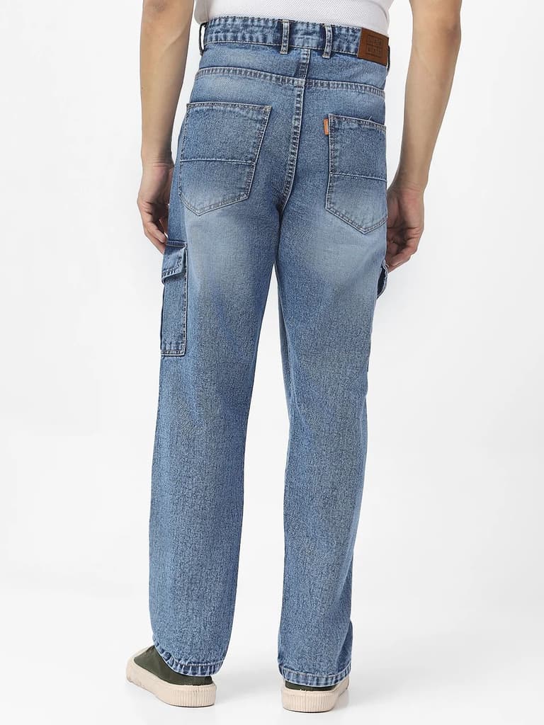 Men's Light Blue Loose Fit Cargo Jeans With 6 Pockets Non Stretchable — photo 3