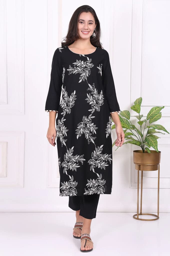 Black Floral Printed Embroidered Rayon Straight Kurta and Pants Set — photo 2