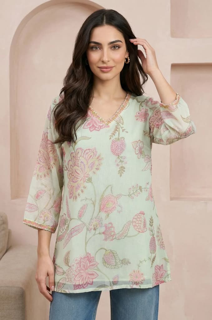 Green Embroidered Chiffon Straight Top — XS