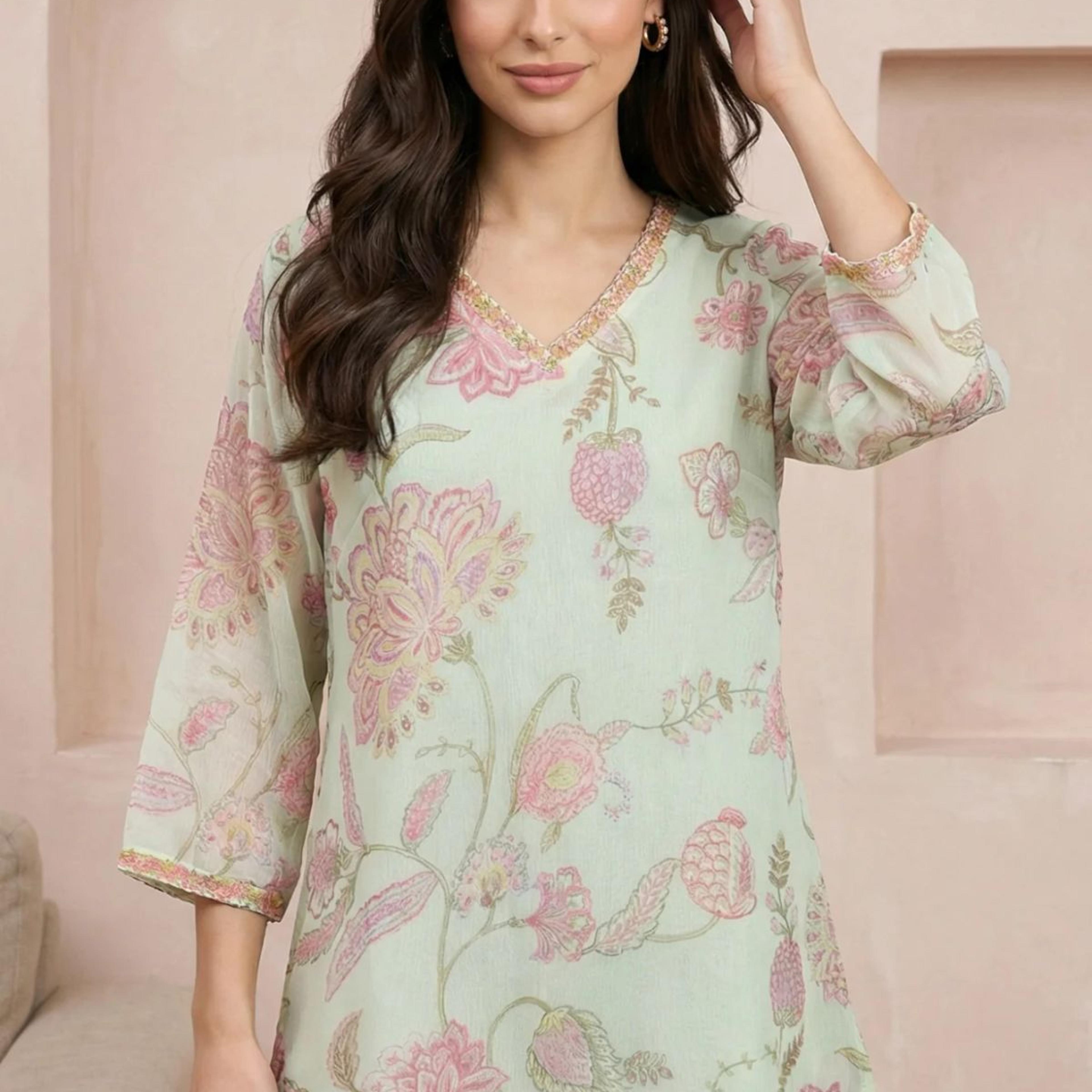 Green Embroidered Chiffon Straight Top