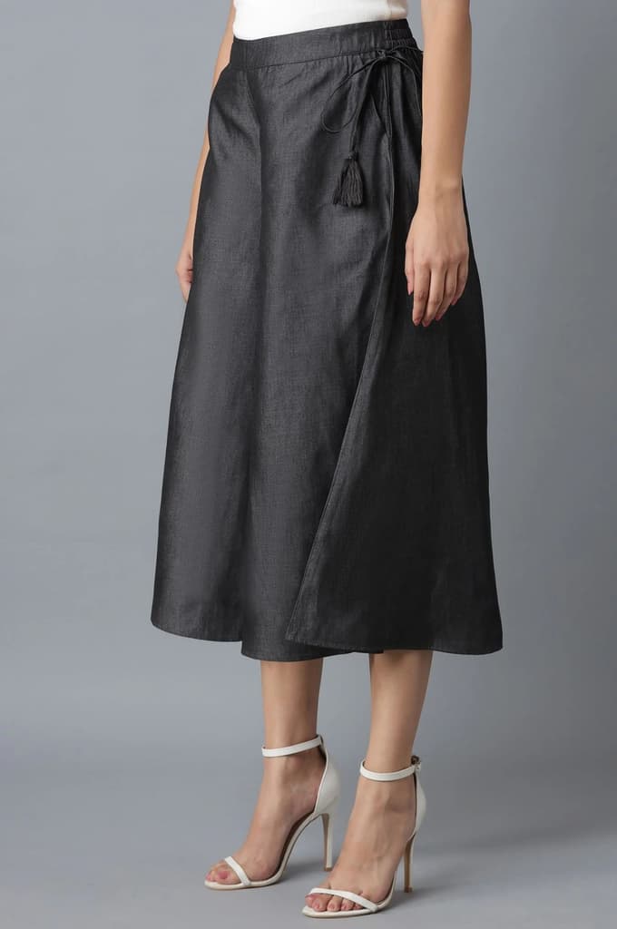 Black Solid Flared Cotton Culottes With Drawstring — photo 3