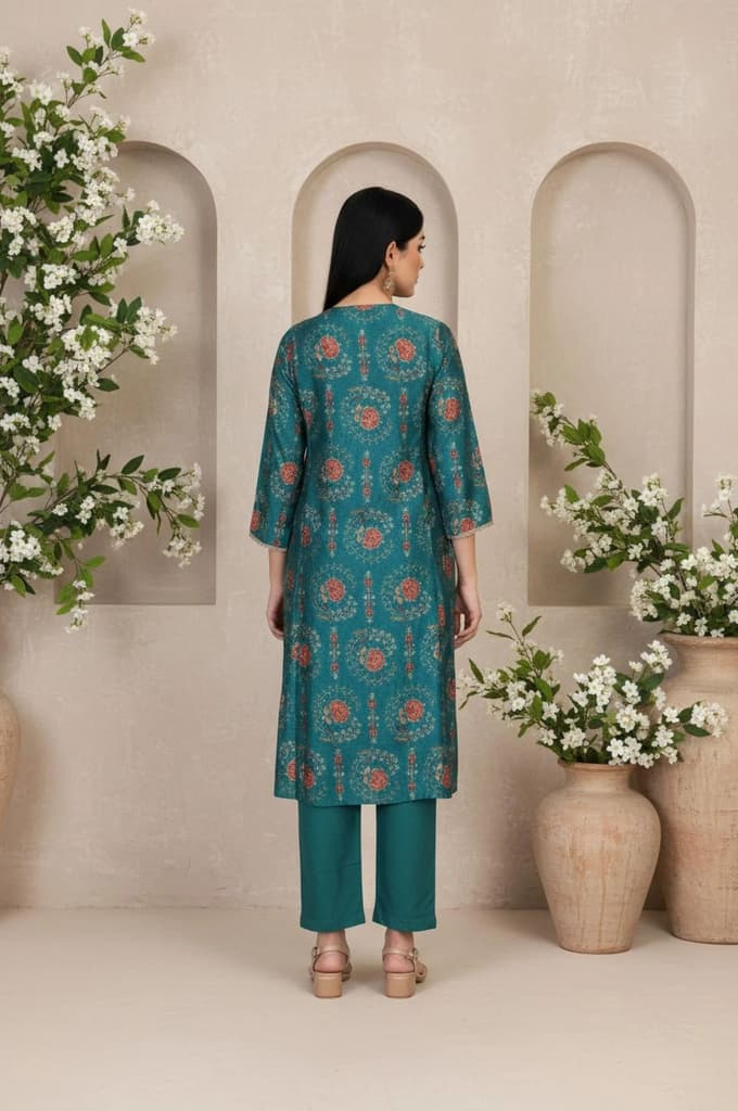 Teal Floral Printed Embellished A-Line Art Silk Kurta with Straight Pant Set — photo 5