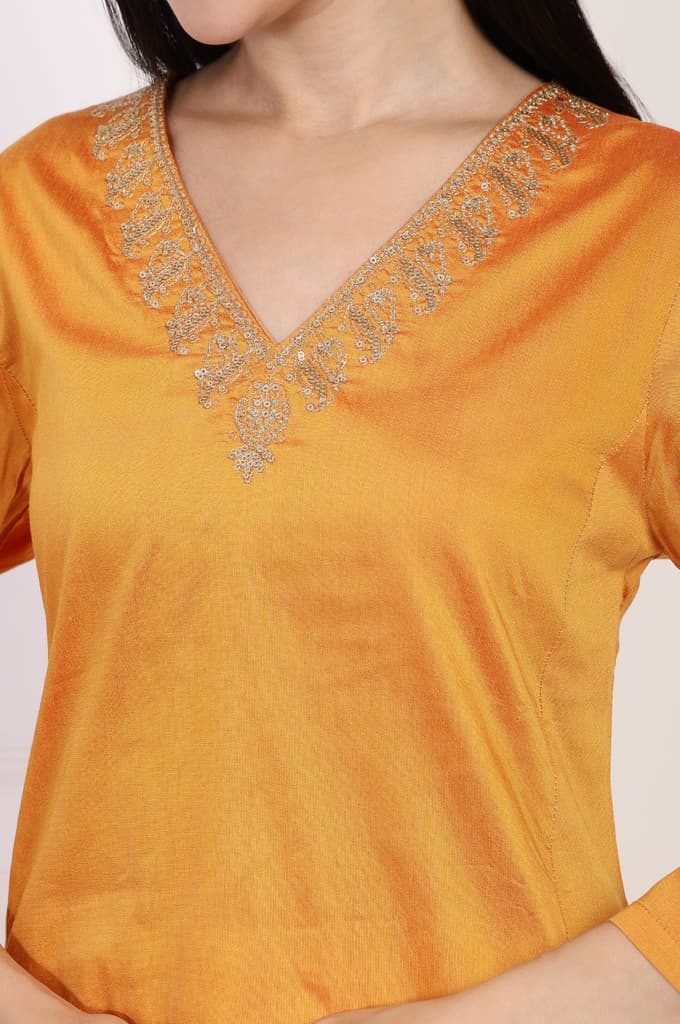 Orange Embroidered Flared Satin Kurta with Straight Pant Set — photo 3