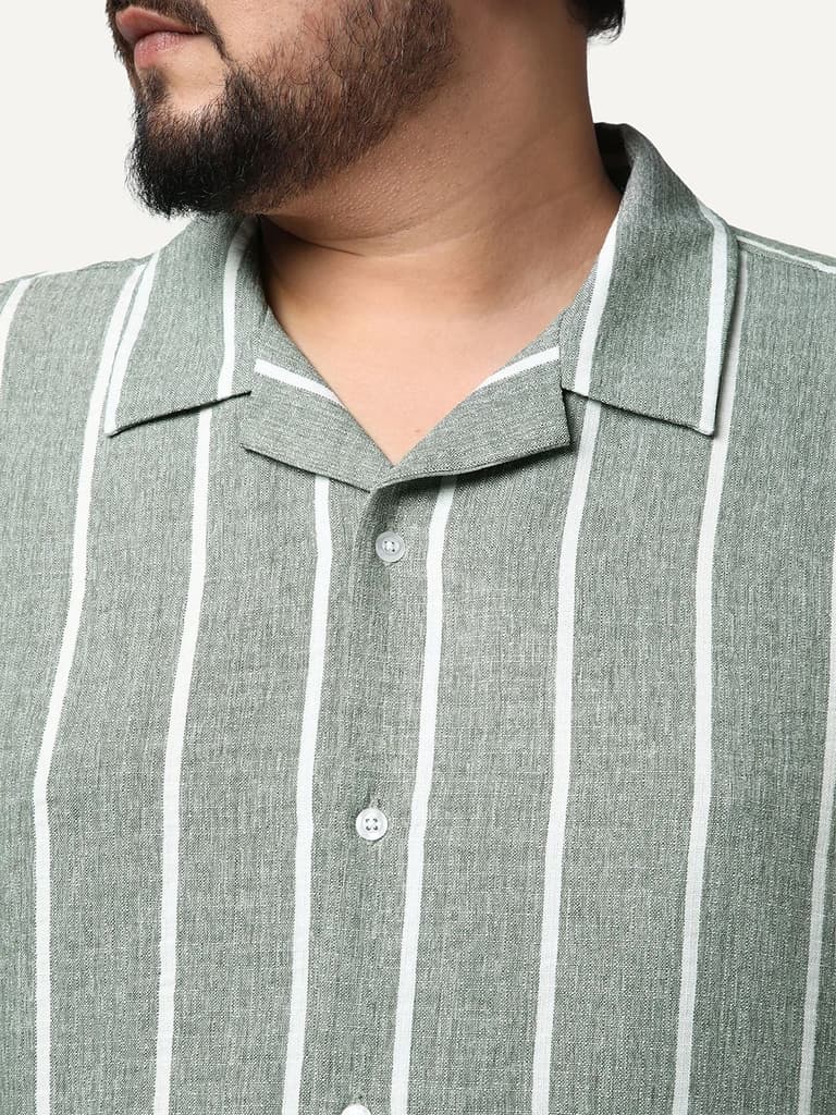 Plus Men's Steel Cotton Half Sleeve Relaxed Fit Linen Striped Shirt with Cuban Collar — photo 5