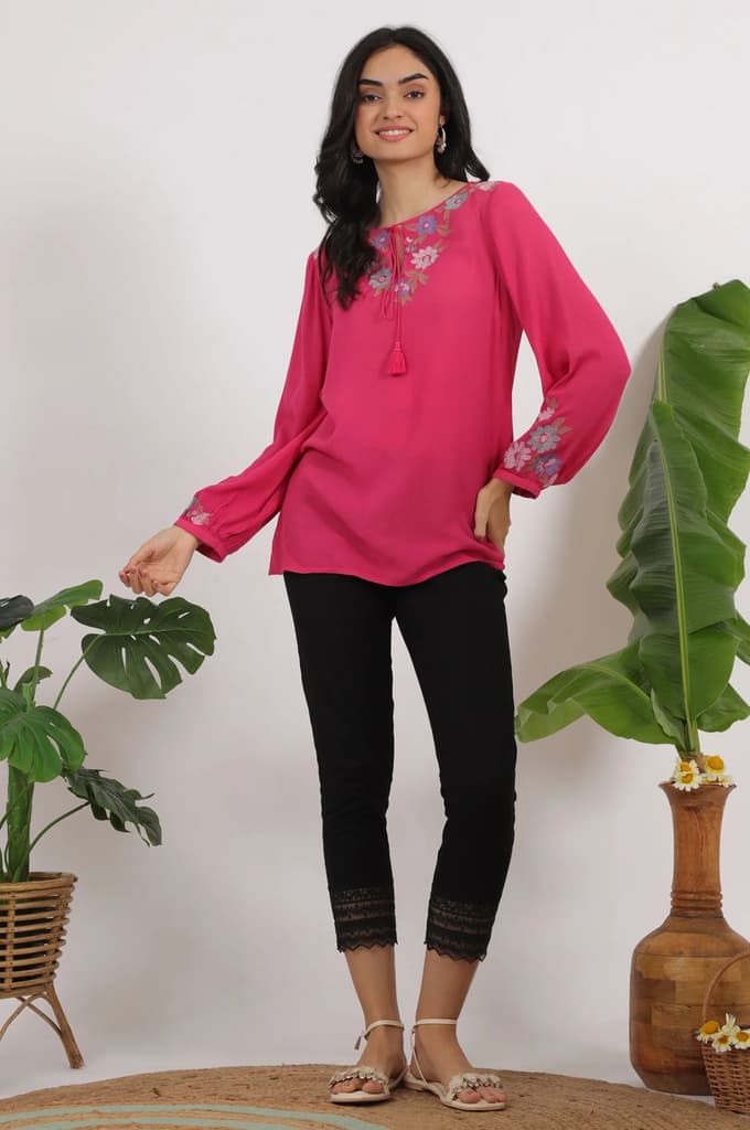 Pink Embroidered Rayon Crepe Straight Top — photo 3