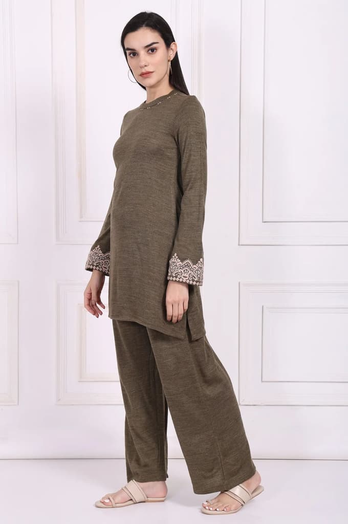 Olive Embroidered Straight Acrylic Kurta with Parallel Pant Set — photo 4
