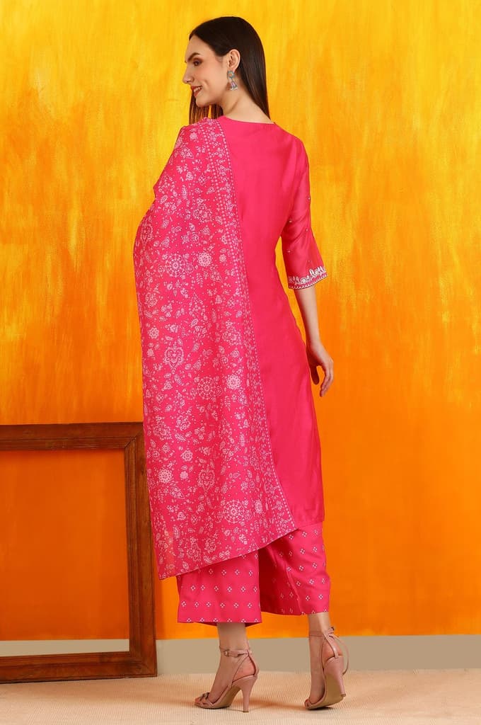 Pink Embroidered Chanderi Panelled Kurta, Cropped Pants and Dupatta Set — photo 5