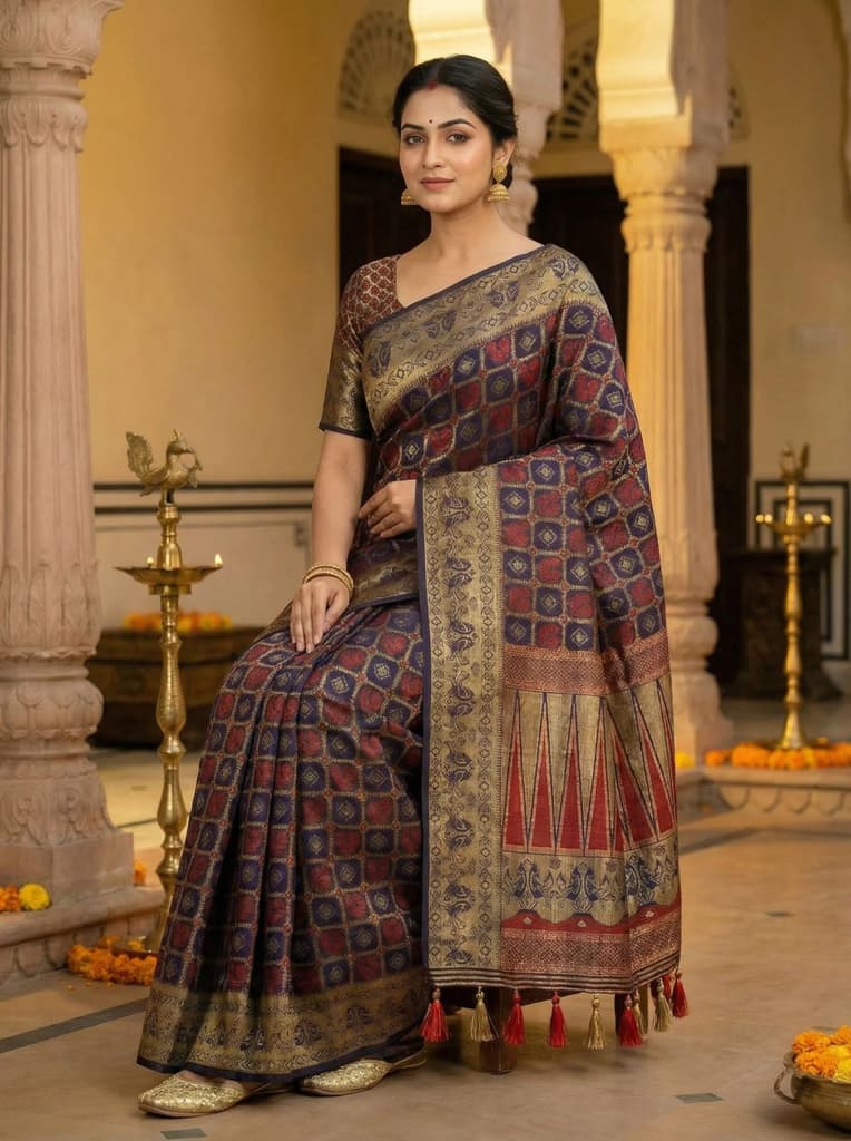 MIMOSA Women's Woven Design Patola Style Raw Silk Saree with Blouse Piece - Navy ( SA00003139NVFREE ) — photo 5