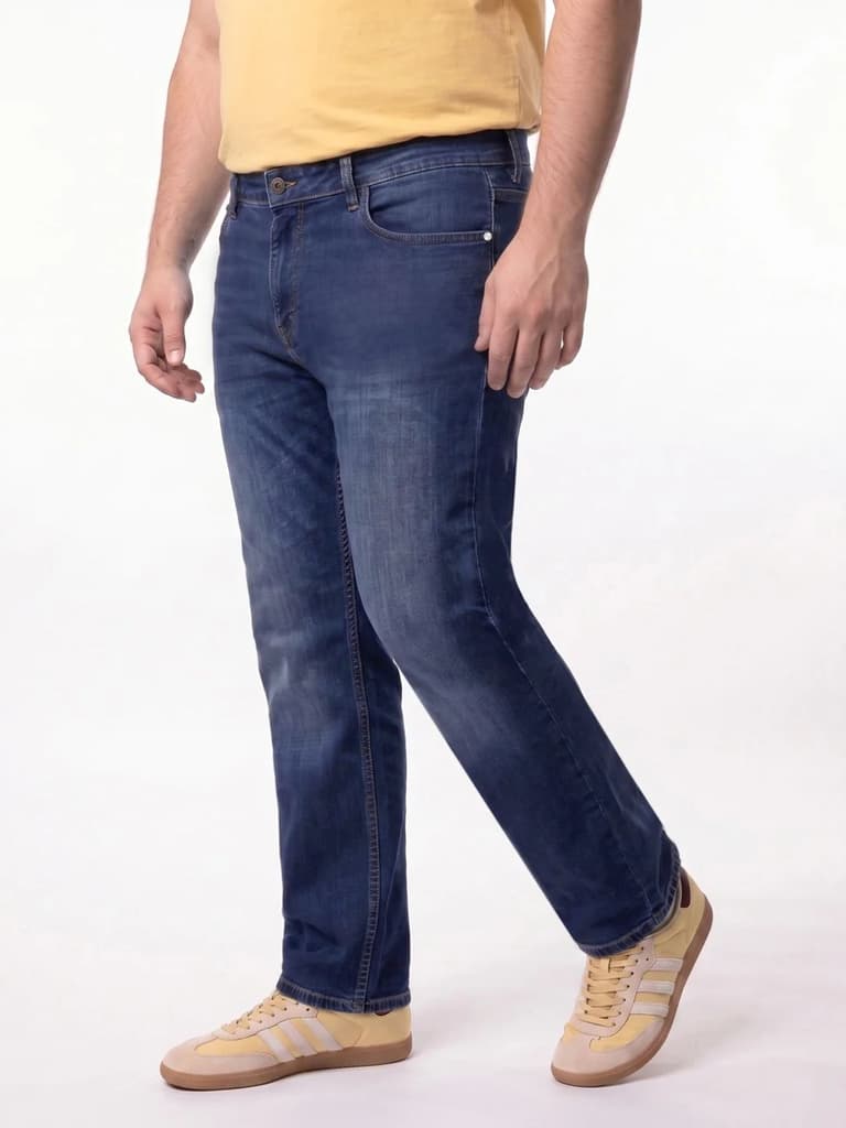 Plus Men's Dark Blue Relaxed Fit Washed Denim Jeans Non-Stretchable — photo 2
