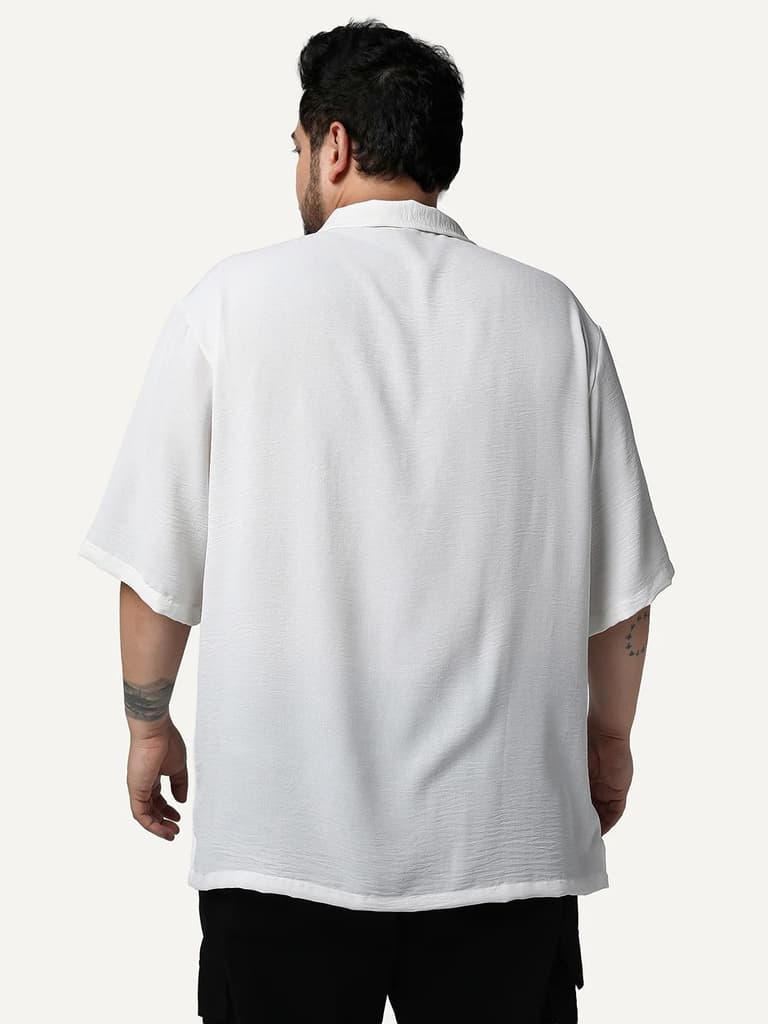 Plus Men's White Cotton Half Sleeve Relaxed Fit Textured Shirt with Cuban Collar — photo 3