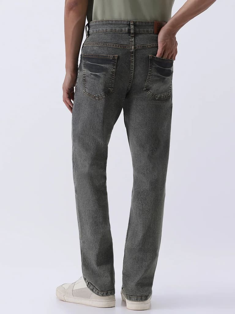 Men's Light Grey Straight Fit Heavy Washed Jeans Stretchable — photo 3