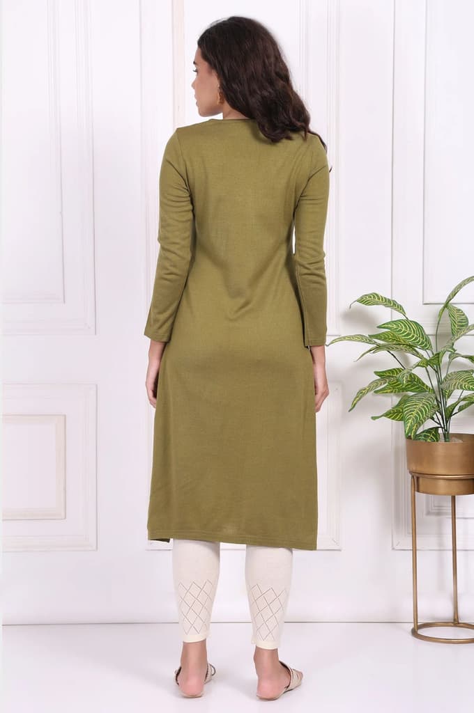Olive Embroidered Floral Straight Acrylic Kurta — photo 4