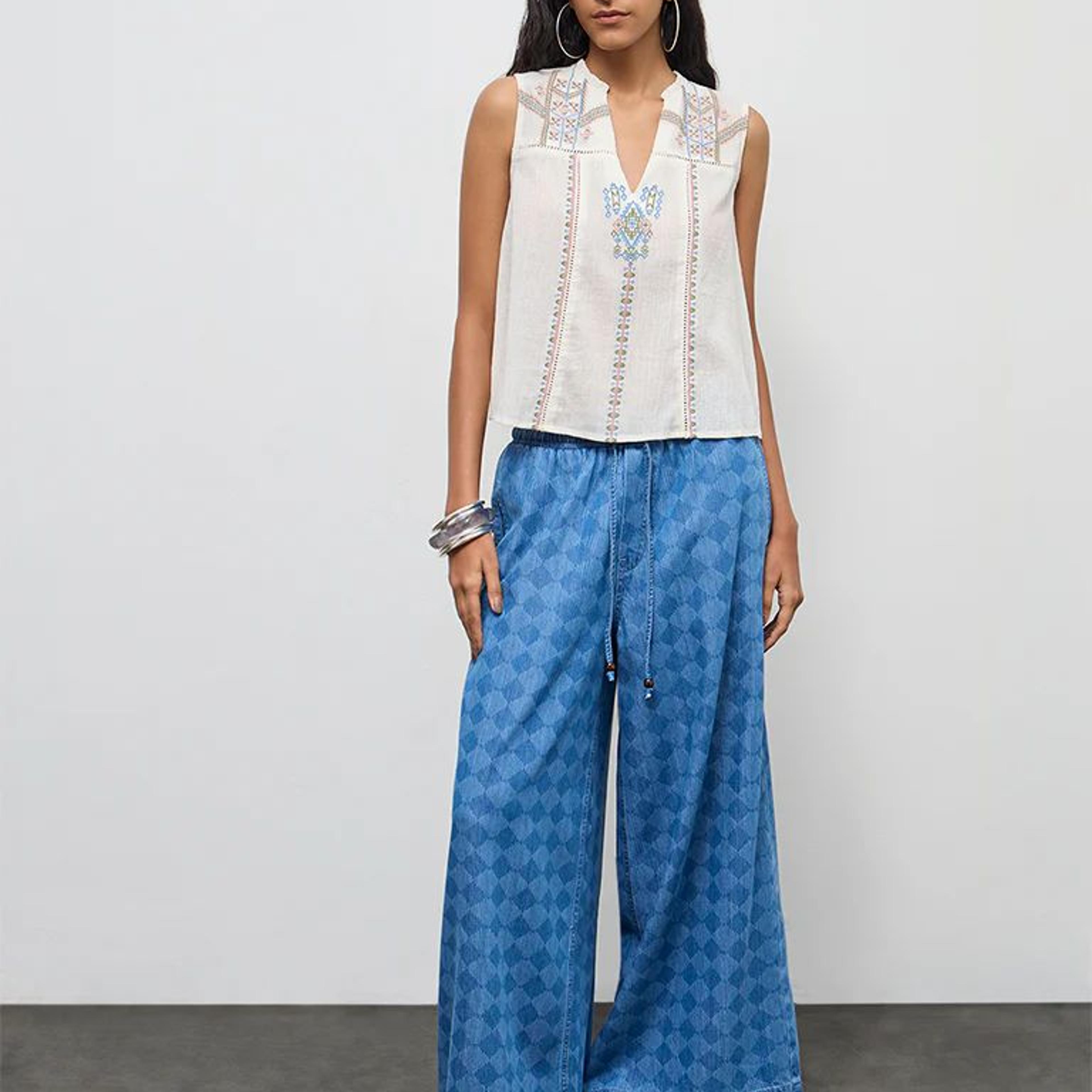 Bombay Paisley Off-White Aztec Embroidered Cotton Top