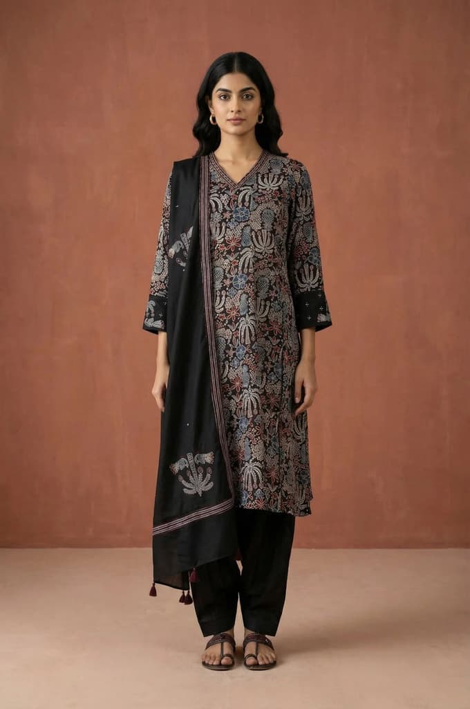 Black Block Printed Floral Satin Straight Kurta with Salwar and Dupatta Set — photo 2