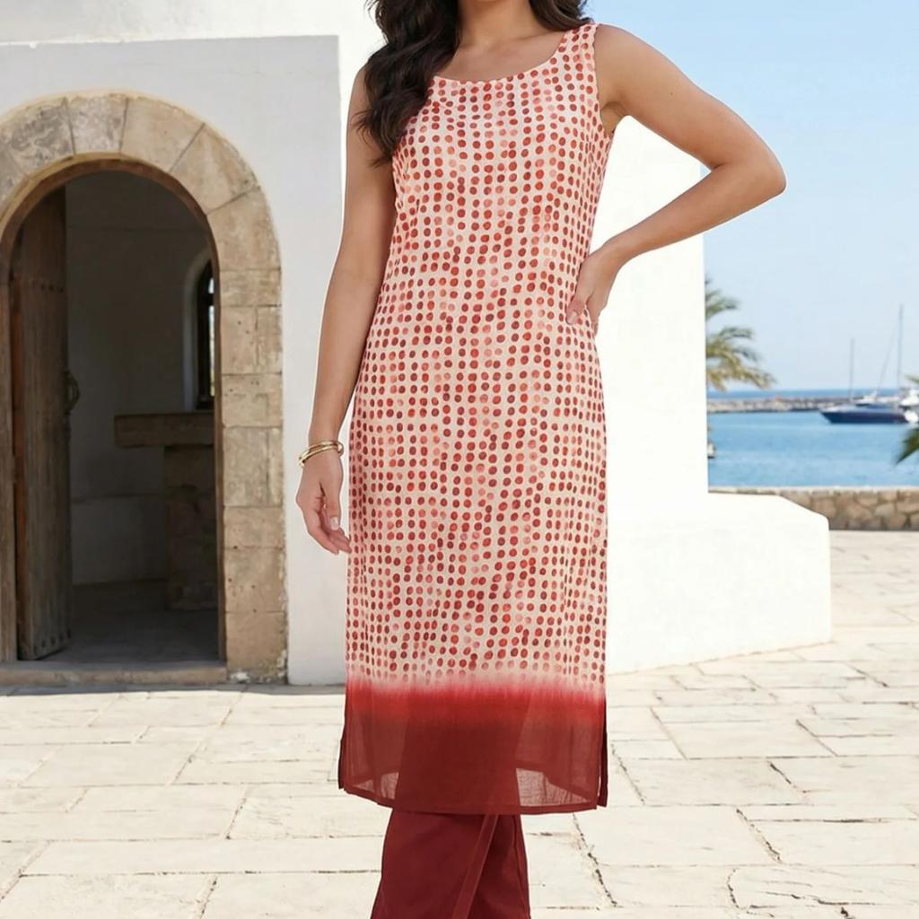 Off White Polka Dots Printed Rayon Sleeveless Straight Kurta with Pants Co-ord Set