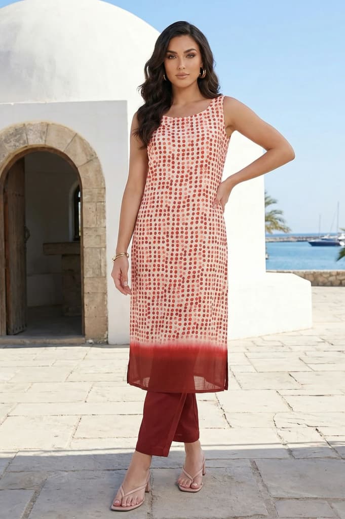 Off White Polka Dots Printed Rayon Sleeveless Straight Kurta with Pants Co-ord Set — XS