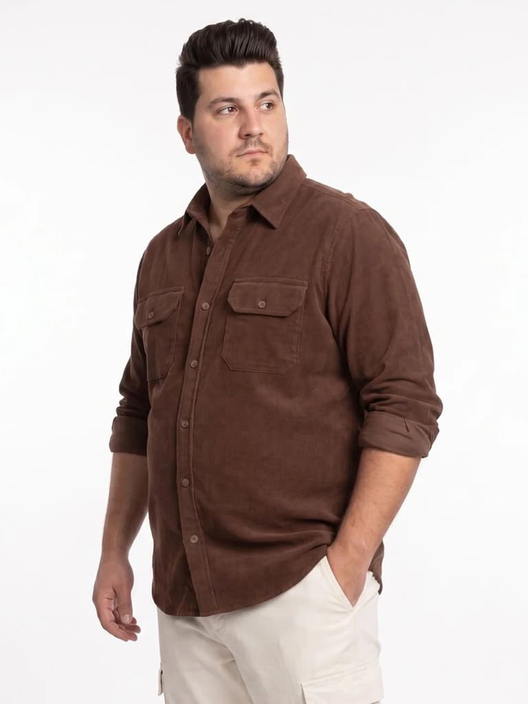 Plus Men's Brown Corduroy Full Sleeve Regular Fit Solid Overshirt with Utility Pockets — photo 2
