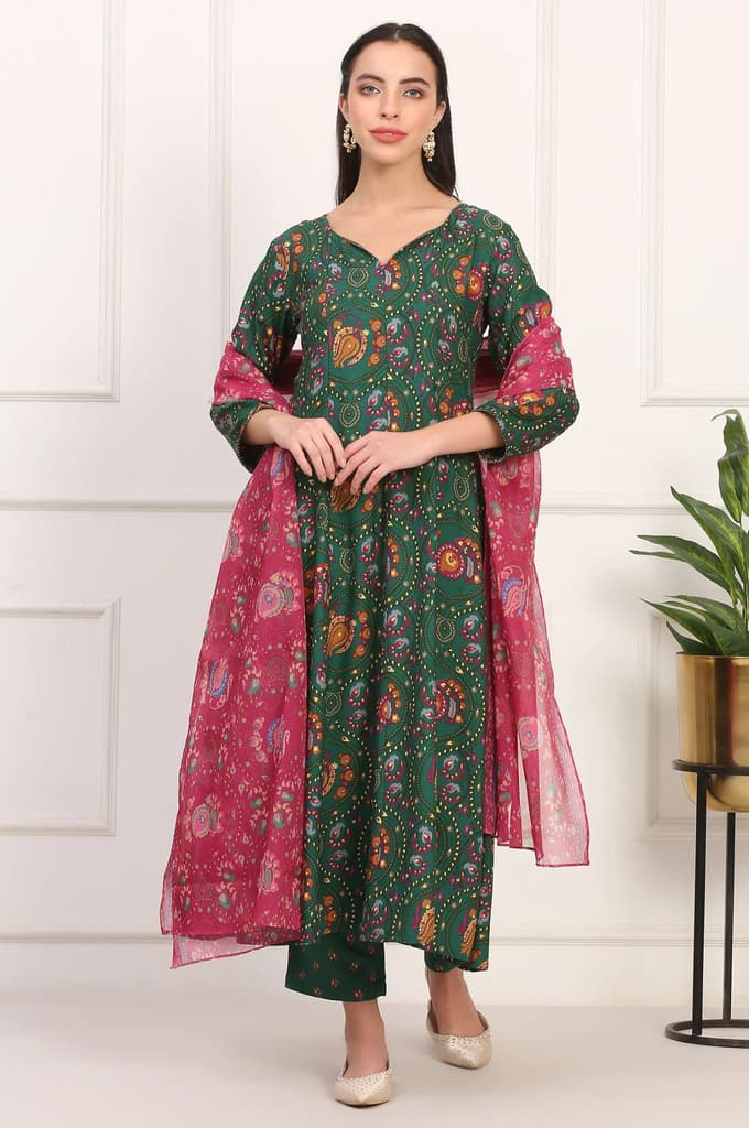 Dark Green Floral Printed Flared Chanderi Kurta, Straight Pant and Dupatta Co-ord Set — photo 2
