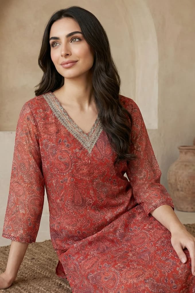 Rust Paisley Printed Straight Chiffon Kurta with Embroidered Neck — photo 3