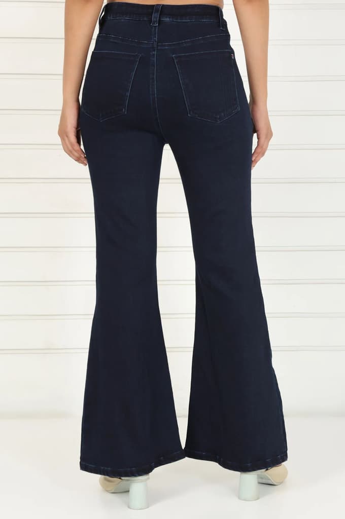 Blue Denim Lycra Mid Rise Ankle Length Flared Pants with YKK Zipper — photo 4