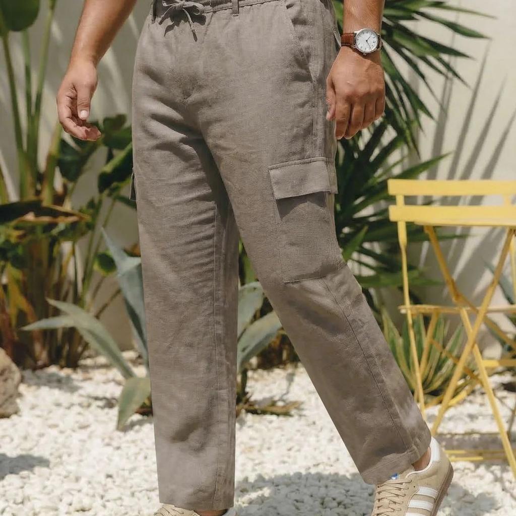 Plus Men's Light Khaki Straight Fit Linen Cargo Pants with 6 Pockets