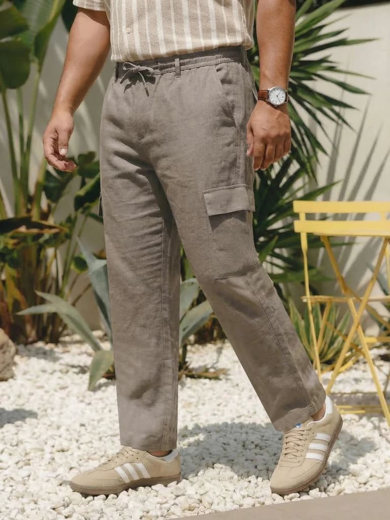 Plus Men's Light Khaki Straight Fit Linen Cargo Pants with 6 Pockets — 36 / Light Khaki