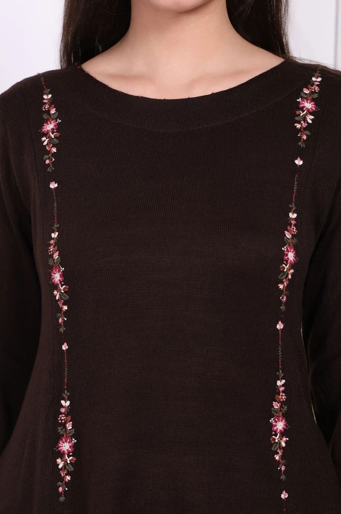 Brown Thread Embroidered Acrylic Flared A-line Kurta — photo 3