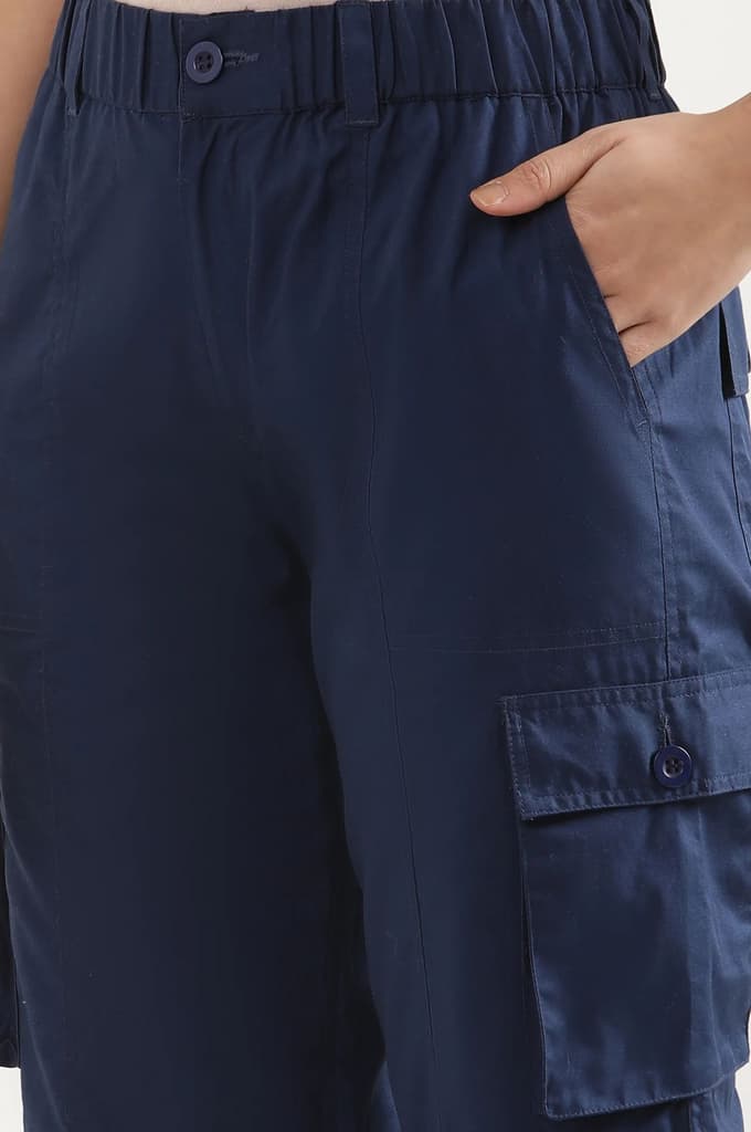 Navy Blue Solid Straight Fit Cotton Cargo Pants With Elasticated Waist — photo 8