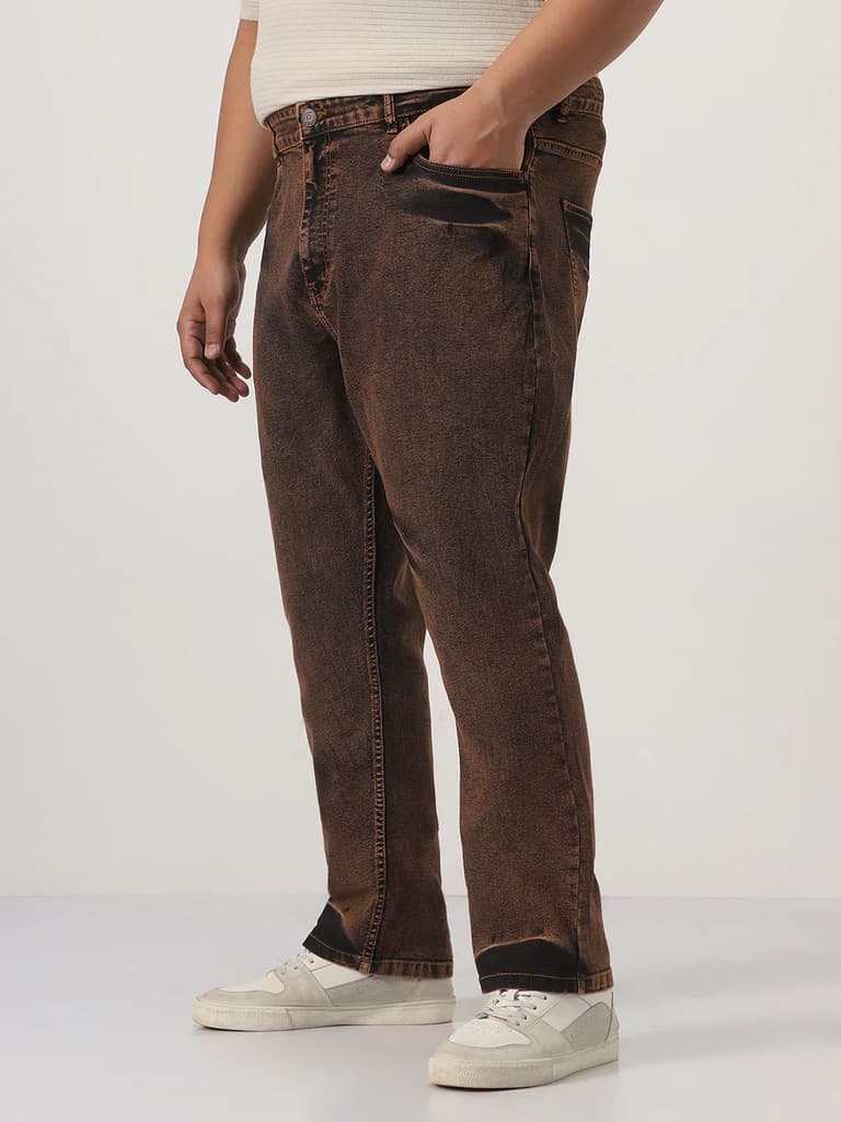 Plus Men's Light Brown Straight Fit Heavy Washed Jeans Stretchable — photo 2