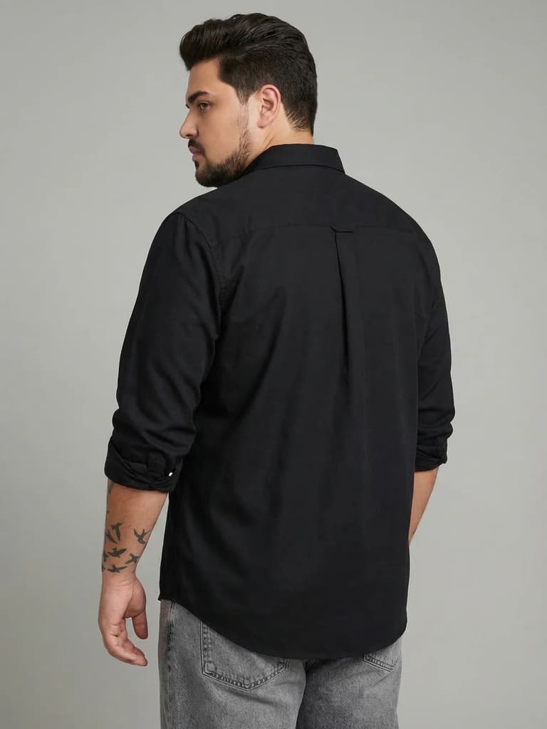Plus Men's Black Cotton Full Sleeve Regular Fit Solid Oxford Shirt With Button-Down Collar — photo 3