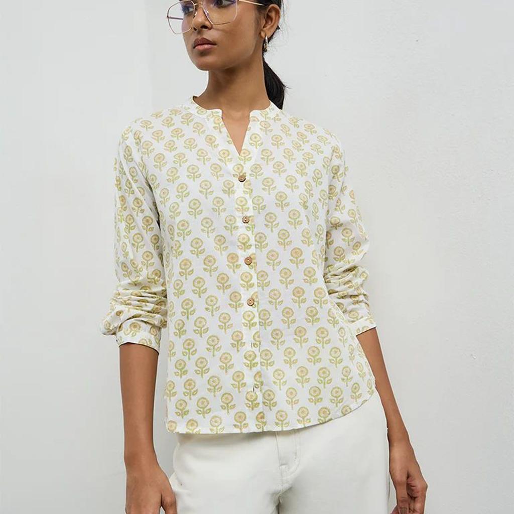 Utsa Off-White Floral Design Cotton Tunic