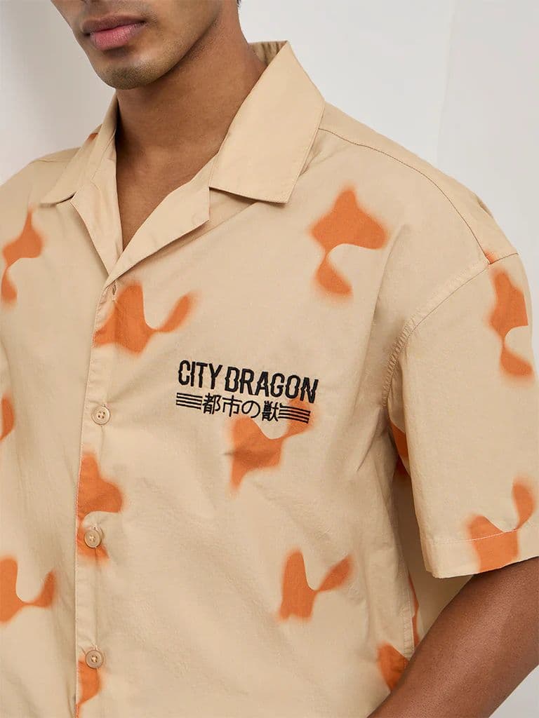 Nuon Beige Abstract Printed Relaxed-Fit Cotton Shirt — photo 3