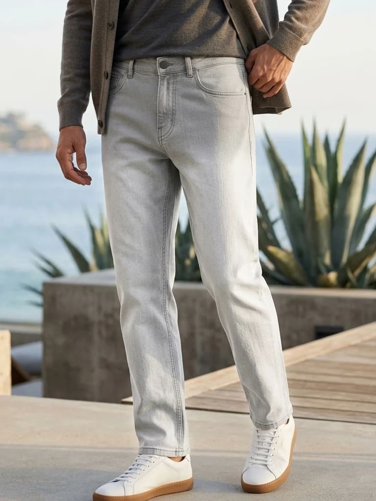 Men's Ice Grey Straight Fit Heavy Washed Faded Denim Jeans Stretchable — 28 / Ice Grey