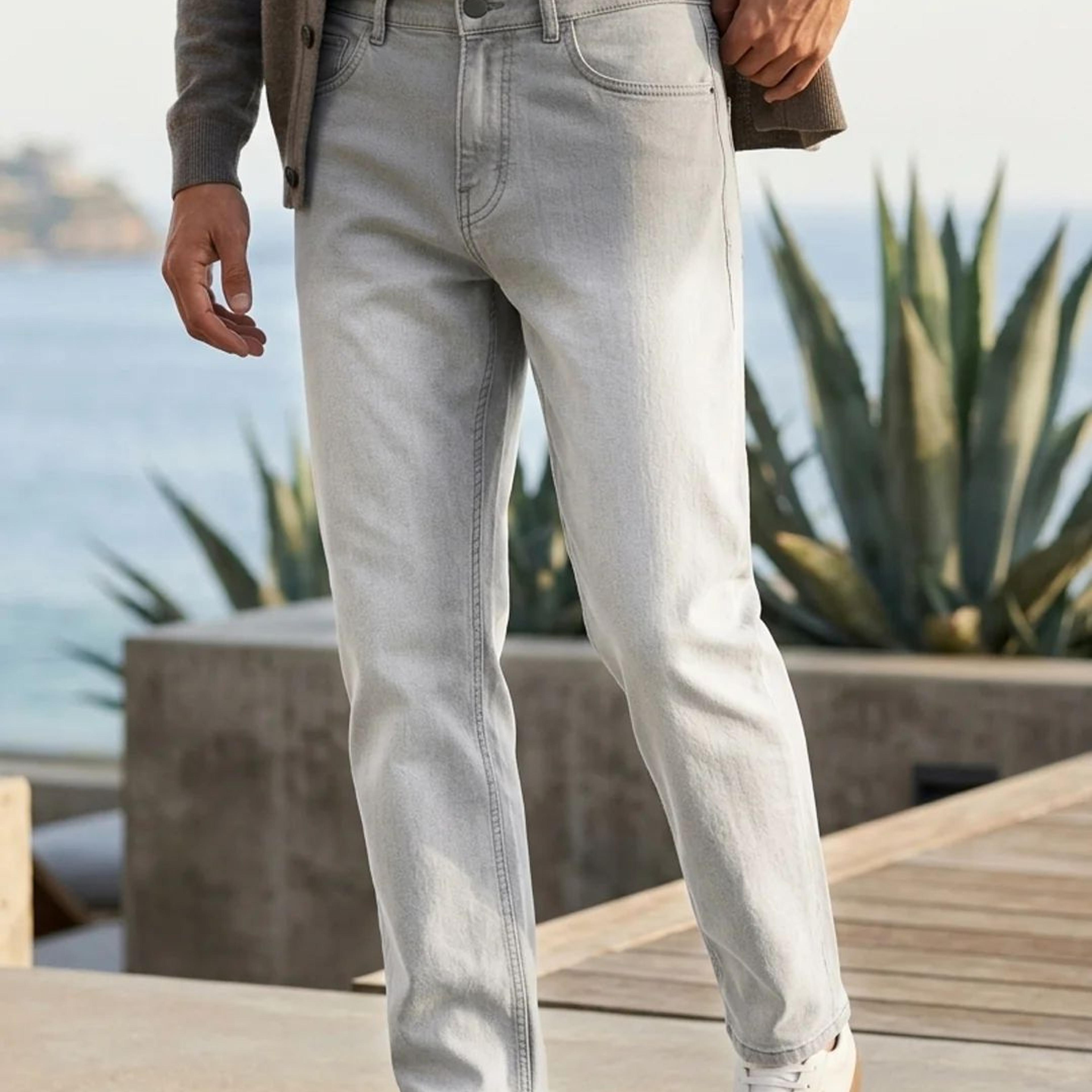 Men's Ice Grey Straight Fit Heavy Washed Faded Denim Jeans Stretchable