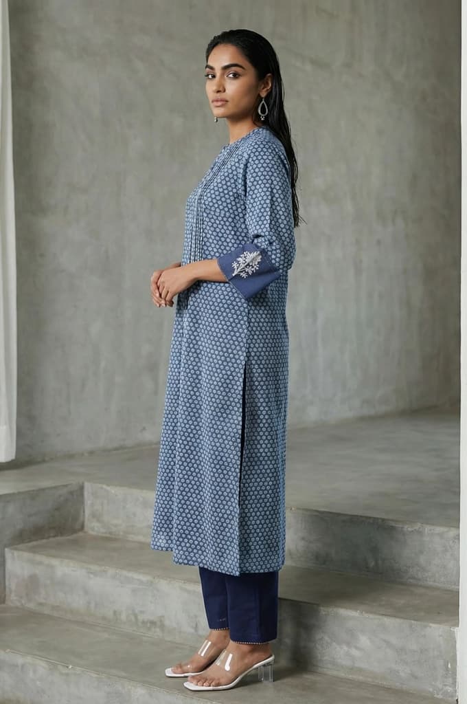 Blue Floral Thread Embroidered Pure Cotton Straight Kurta — photo 3