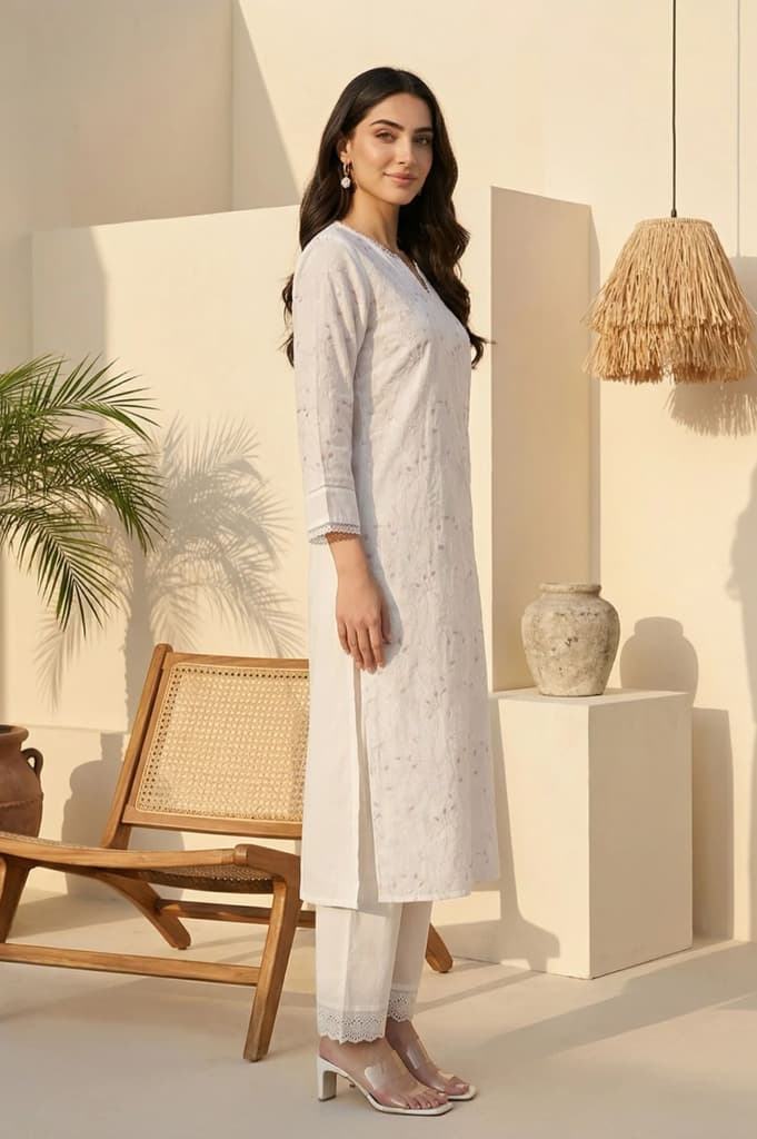 White Chikankari Embroidered Sequins Pure Cotton Straight Kurta — photo 6