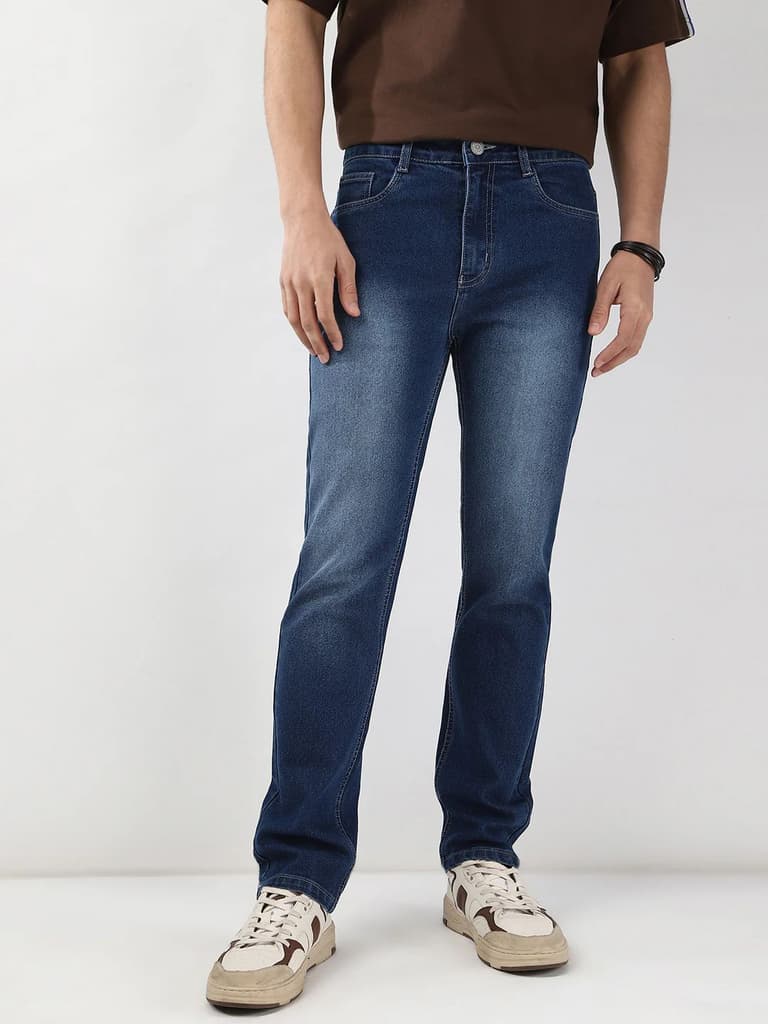 Men's Blue Straight Fit Washed Jeans Stretchable — photo 2