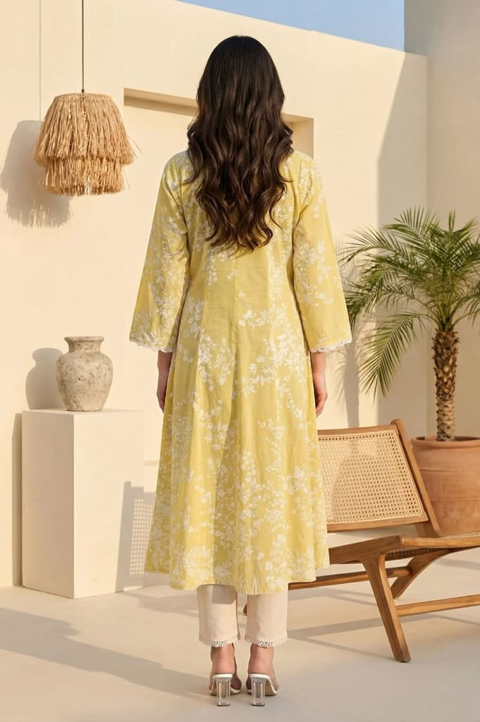Yellow Floral Printed Lace Pure Cotton A-line Kurta — photo 4