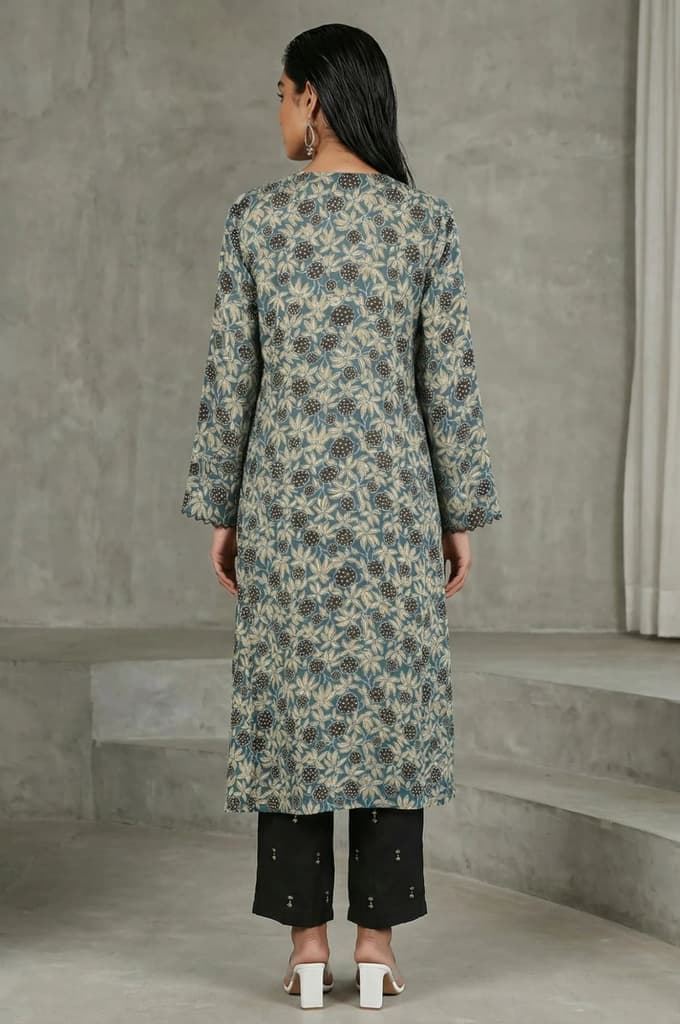 Teal Ajrak Printed Tassel Modal Satin Straight Kurta — photo 5