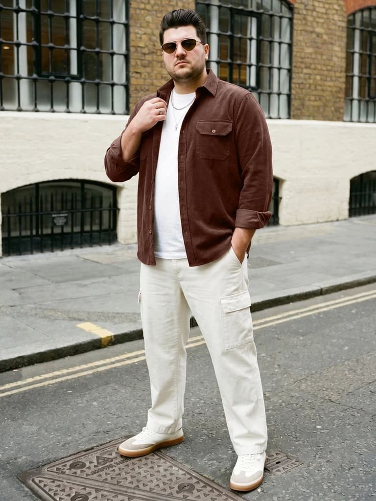 Plus Men's Brown Corduroy Full Sleeve Regular Fit Solid Overshirt with Utility Pockets — photo 4