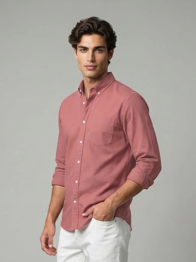 Men's Peach Cotton Full Sleeve Regular Fit Solid Oxford Shirt With Button-Down Collar — photo 2