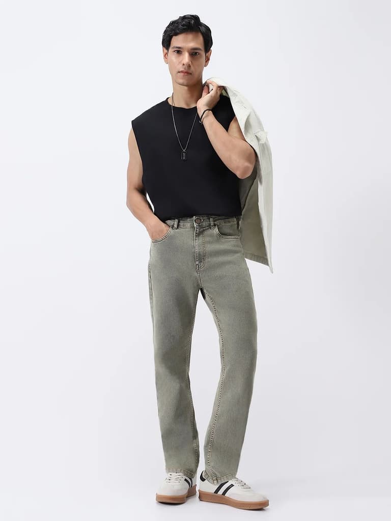 Men's Light Grey Straight Fit Heavy Washed Jeans Stretchable — photo 4
