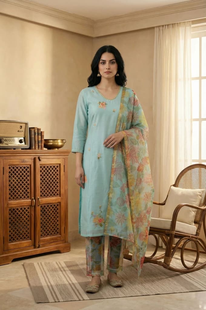 Aqua Blue Thread Embroidered Chanderi Straight Kurta with Pants and Dupatta Set — photo 2