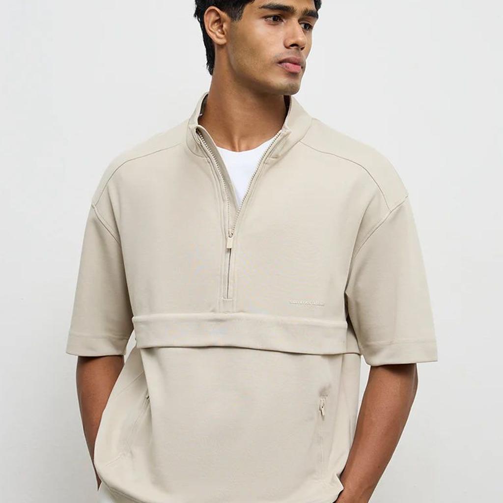 Nuoflexx Beige Relaxed-Fit Cotton-Blend Quarter-Zip Sweatshirt