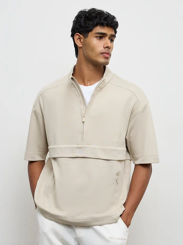 Nuoflexx Beige Relaxed-Fit Cotton-Blend Quarter-Zip Sweatshirt
