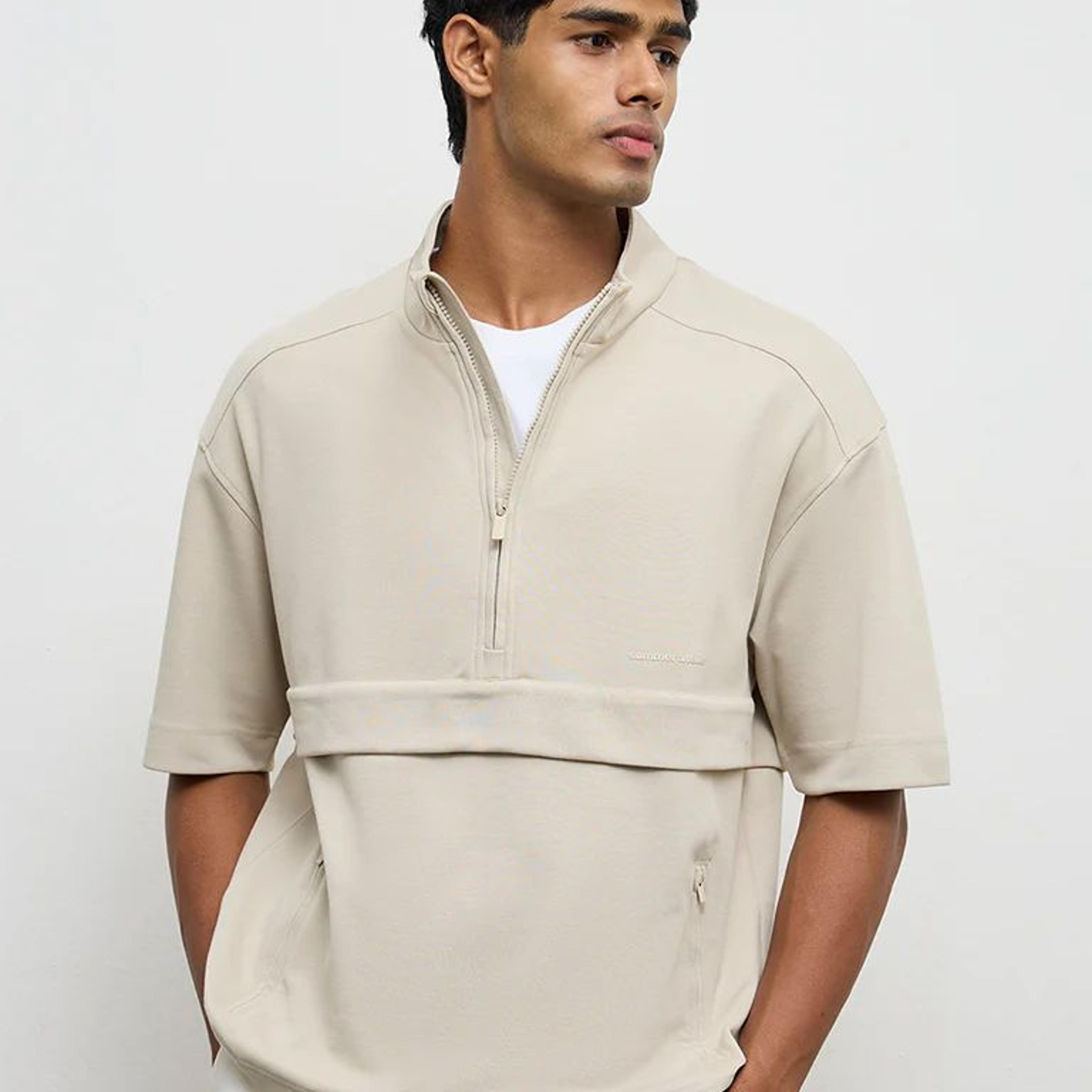 Nuoflexx Beige Relaxed-Fit Cotton-Blend Quarter-Zip Sweatshirt