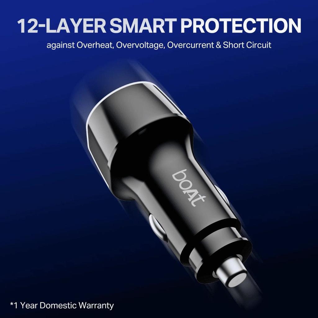 boAt Car Charger 55W | Dual Port Fast Car Charger with 55W Output, Smart IC Protection & Auto Detect Charging