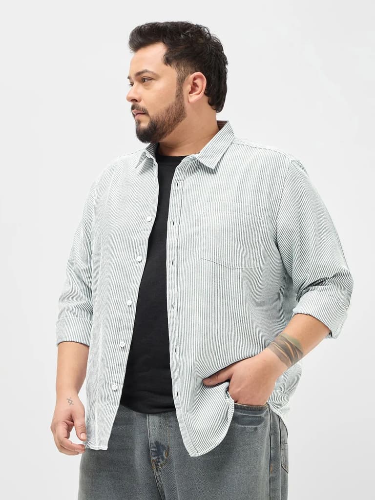Plus Men's Light Grey Cotton Full Sleeve Regular Fit Casual Striped Shirt — photo 3