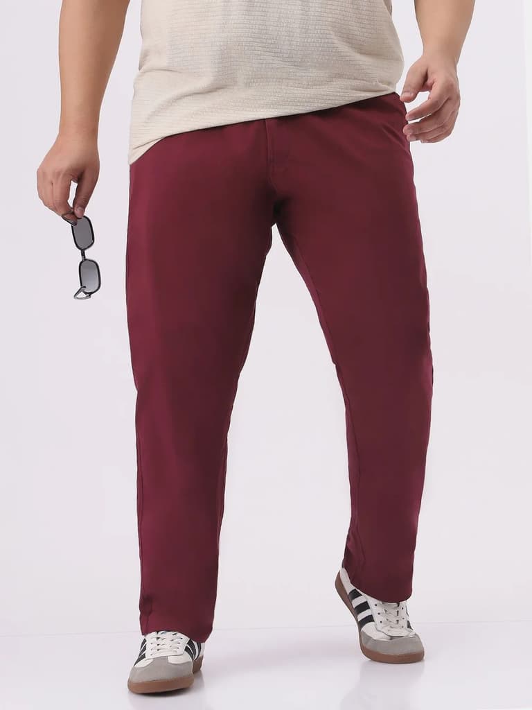 Plus Men's Dark Maroon Cotton Regular Fit Casual Chinos Trousers Stretch — photo 2