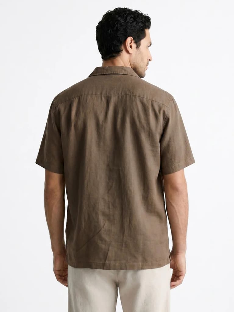 Men's Coffee Linen Half Sleeve Oversized Fit Shirt with Cuban Collar — photo 3